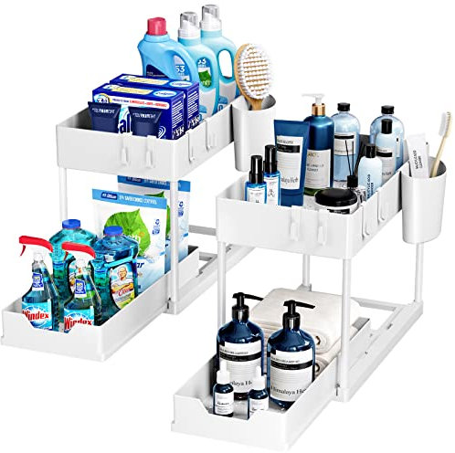 Puricon 2 Set Unter Waschbecken Regal, 2 Etagen Standregal Küche Arbeitsplatte Regal Organizer, Mehrfunktional Küchenregal Gewürzregal Unterschrankregal Spülschrankregal -Schwarz