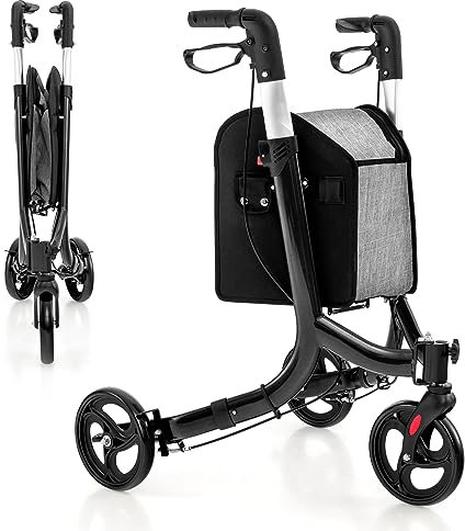 COSTWAY 3 Wheel Folding Rollator, Lightweight Aluminium Mobility Walker with Adjustable Handle, Storage Bag and Brakes, Walking Aid for Elderly Disabled (Black, 69 x 60 x 87-99 cm)