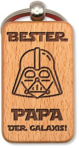 dekolaser24 - Handgefertigter Schlüsselanhänger aus Buchenholz - Bester Papa der Galaxis - Geschenk für Männer Star Wars Fans Vatertag Geburtstag oder Weihnachten