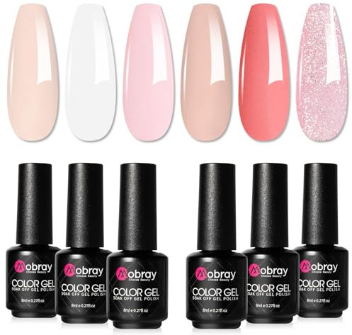 Mobray Gel Nail Polish Set, 6 Color Gel Polish White Pink Red Giltter, Winter Nail Art Gel Nail Varnish, Salon DIY Soak Off U V/LED Shellac Nail Polish Kit for Women