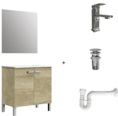Baikal Pack solución Completa, Incluye: Mueble de Baño, Lavabo cerámico, Grifo, Sifón Extensible y Válvula de desagüe, Mueble MONTADO, Entrega Todo en uno, 2 Puertas con Espejo 80 cm Nature