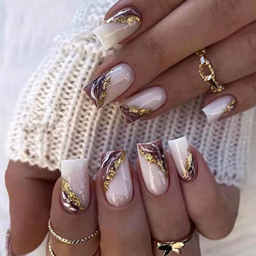 24pcs Short Square False Nails - White, Purple, Gold Foil - Removable Glue-on Nails - Women's Girls Nail Art Accessories