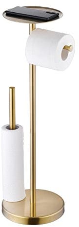 SHUNLI Gold Toilet Paper Holder Stand with Shelf, Free Standing Toilet Roll Holder with Storage Reserve, Stainless Steel SUS304, Brushed Brass