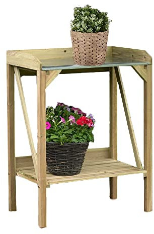 AAMEN Wooden Potting Bench Table, Wooden with Metal Table Top & Shelf, Outdoor Garden Patio Workstation for Backyard Lawn Outdoor