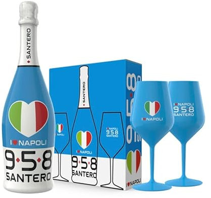 Santero 958 Box I Love Napoli | Bottiglia 75cl + 2 bicchieri Napoli campione d'Italia | Edizione limitata | Spumante extra dry 958 + 2 calici santero scudetto