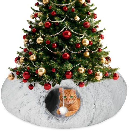 Mfsdai Túnel para gatos bajo el árbol de Navidad con cama de felpa, juguete multifuncional para gatos, cama de túnel para gatos, con bola colgante y mirilla para conejos, hurones