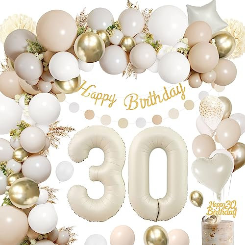 30 Geburtstag Frau Mann,Geburtstagsdeko 30 Männer Frauen,30 Geburtstag Frauen Beige Gold Luftballons Happy Birthday Banner,Pompoms für Frau Mann 30. Geburtstag Dekorationen