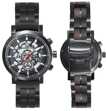 GREENTREEN Herren Holzuhr Chronograph für Männer: Wasserdicht Armbanduhr aus Holz - Analoge Uhr mit Datum für Alltag Wandern Joggen - Quarzuhr für Ehemann Vater Sohn
