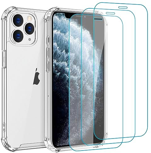 Whioltl Custodia per iPhone 11 Pro Max con confezione da 3 pellicole protettive in vetro temperato, cover trasparente per telefono, antigraffio e antiurto, custodia base trasparente compatibile con