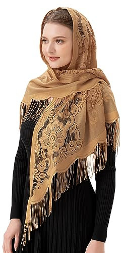 PAMOR Dreieck Katholische Kirche Schleier Kapelle Schal Mantilla Wrap Masse Kopfbedeckung mit Fransen Trim, Beige, Large