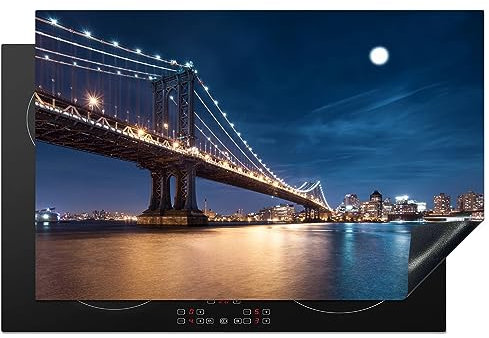 KitchenYeah© Herdabdeckplatte Einteilig Küche Herdabdeckung Induktionsfeld Ceranfeld Herdabdeckplatten Vinyl Matte Aufrollbar Brücke - Licht - Abend - See - Blau - Stadt - 80x52 cm