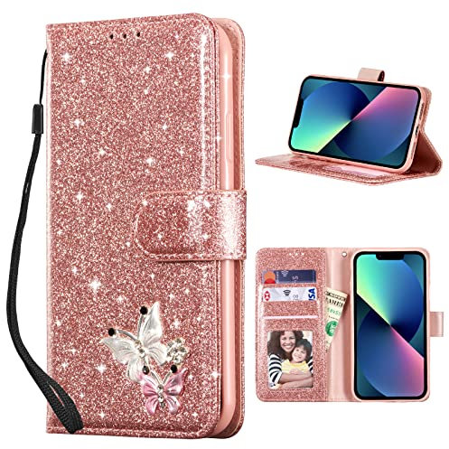 QLTYPRI Case for iPhone 15, Wallet Case Premium Glitter PU Leather TPU Bumper Card Holder [Wrist Strap] Inlaid Butterfly Diamond Flip Cover for iPhone 15 - Rose Gold Butterfly
