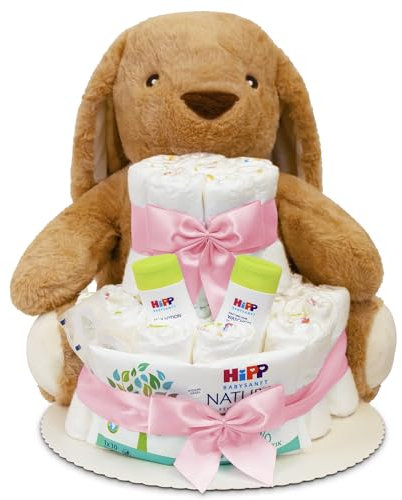 MilaBoo® Windeltorte rosa mit kuscheligen großen Hasen I hochwertiges Neugeborenen Geschenk mit Windeln und Produkten I persönliches Babygeschenk zur Geburt