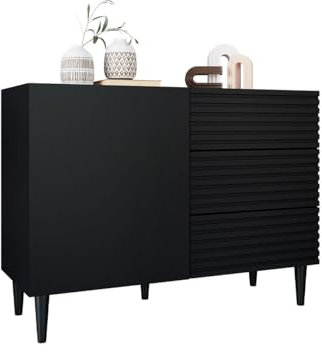 Mirjan24 Kommode Nakomo 1D3SZ mit 3 Schubladen und Tür, geriffelte Fronten, Griffloses Öffnungssystem, Highboard, Anrichte, Sideboard, Mehrzweckschrank, Wohnzimmerschrank (Schwarz)