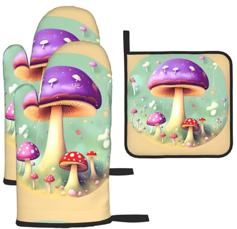 Purple Dream Mushroom Anti-Scald Gloves And Pot Holders 3-Piece Set For Kitchen Baking And Grilling Christmas Mother'S Day Housewarming Gift