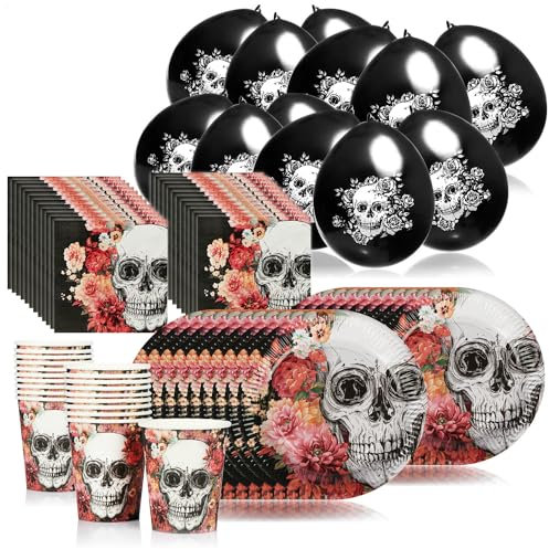 com-four® 76-teiliges Party-Set Dia de los Muertos - Papp-Geschirr, Servietten, Ballons mit Totenkopf - Deko-Set für Halloween, Tag der Toten, Mottoparty oder Kindergeburtstag (Set 6-76 Teile)