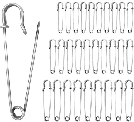 Extragroß Sicherheitsnadel, 30 Stück Heavy Duty Sicherheitsnadel, 50/60/70mm Sicherheitsnadeln Sortiert für Kleidung, Quilten, Kunsthandwerk, Charms, Decken, Röcke, Schal (Silber)