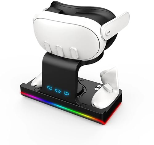 HMHAMA Manettes VR et station d'accueil de charge pour casque compatible avec Meta Quest 3, casque et manettes Base de rangement verticale avec modes d'éclairage RVB