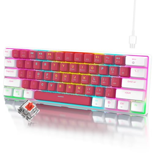 RAZEAK Clavier de jeu mécanique portable 60 %, compact à 61 touches, mini USB-C, interrupteur rouge pour PC Windows et ordinateur portable – Blanc/rouge