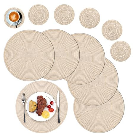 SHACOS Set de Table et Dessous de Verre Rond Lot de 6, 38cm Sets de Table Lavables Résistants à la Chaleur pour Cuisine Table à Manger, Beige