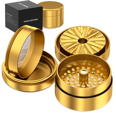 Grinder Professioneller 100% Flugzeug-Aluminium eloxiert mit N52-Magneten | Grinder groß 63mmØ Premium Zerkleinerungssystem | Crusher 4 teiliger Kräutermühle für Gewürze & Kräuter (Golden)