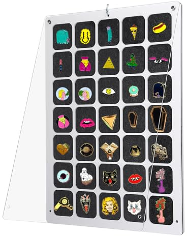 TOLIDA Acrylic Pin Display Organizer - Wall Hanging/Tabletop 35 Grids Pin Display Storage Holder, Dustproof Display Board for Various Sizes of Badges, Travel Brooches, Earrings