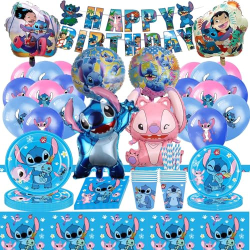 86 Pcs Stit Anniversaire Vaisselle Kit,Stitc Décoration Danniversaire Ballon Vaisselle Stitc Couverts de fête,Décorations de Table D'anniversaire Assiettes Ballon pour Enfants(Blue)