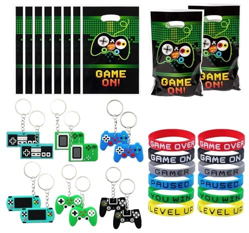 VEGCOO Video Game Party Favors Set, 10 Pcs Gaming Party Bags, 12 Pcs Video Game Silicone Bracelets, 12 Pcs Game Controller Keychains, Gaming Party Bag Fillers Set for Gaming Birthday Themed Party