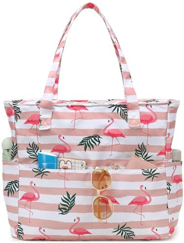 LEDAOU Strandtasche, wasserdicht, sanddicht, für Damen, Pooltasche mit Reißverschluss, für Fitnessstudio, Lebensmittel, Reisen, mit Nassfach, Flamingo-Streifen, rosa Blätter, Large