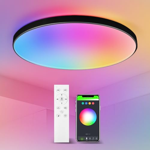CHENBEN Smart LED Ceiling Light 24W IP44 Alexa Compatible RGB,Black | Smart 24W RGB ceiling light with WiFi App & Alexa control, IP44 waterproof for bathroom, kitchen, bedroom and living room