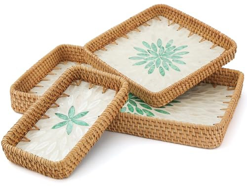 Rattan Serviertablett mit Perlmutte Inlage,Handgewebtes Dekoratives Serviertablett Groß,Boho Deko Tablett,Frühstückstablett, Esstisch dekoTtablett (Grün, Rechteckig，3 Stück)