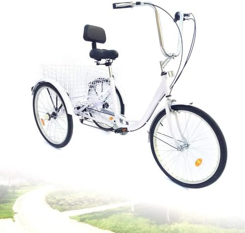 24 Zoll Fahrrad Erwachsenen Dreirad Cityräder 6 Gang 3 Rad Fahrrad Dreirad mit Rückenlehne Korb, Weiß