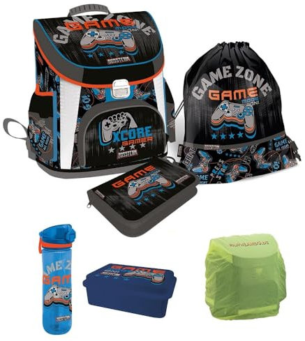 Familando Gaming Schulranzen 1. Klasse für Jungen und Mädchen · ergonomischer Tornister · Schultaschen-Set 6-teilig (Gaming/Schwarz-Blau)