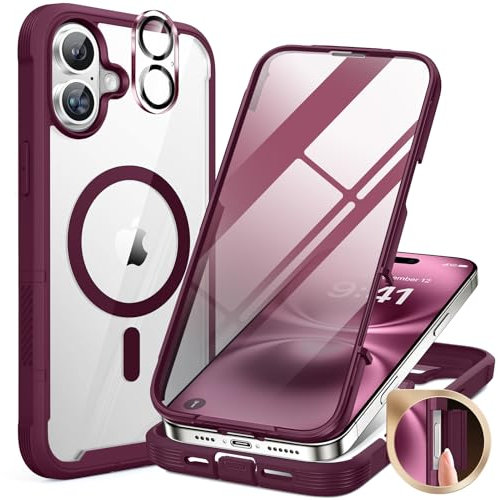 Miracase Magnetic Case for iPhone 16 Plus Case 6.7-Inch, Full Body Bumper Case Compatible with Magsafe and Built-in 9H Tempered Glass Screen Protector + Camera Lens Protector (Wine Red)