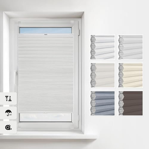 Estika Wabenplissee mit Bohren nach maß - 6 Farben, Verdunkelung und Profilfarben: Weiß - Thermo Plissee für Fenster in verschiedenen Breiten (30-129 cm) und Höhen (150-230 cm)