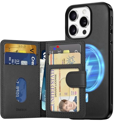SHIELDON Wallet Hülle für iPhone 16 Pro, Echtleder Schutzhülle [Abnehmbar] [Kabelloses Laden] [RFID Blocker] Dünn Case mit 6 Kartenfächer Kompatibel mit iPhone 16 Pro 5G 6,3 2024 - Black/Schwarz