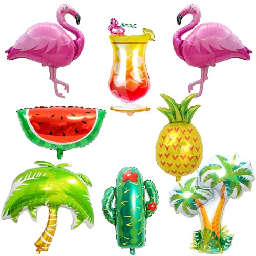 Koboko Flamingo Deko Folienballons, 8 Stk Hawaii Deko Folienballon Geburtstag, Hawaii Party Deko Flamingo Ananas Luftballons, Sommerfest Helium Ballons für Aloha Geburtstag Tropical Strandparty Deko