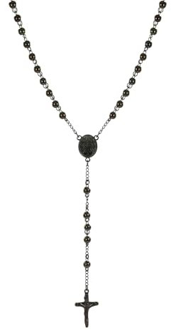 MILAKOO Rosenkranz Perlen Katholische Halskette für Frauen Männer 6mm Schwarz Perle Kreuz Y Anhänger Kette mit Edelstahl Kruzifix und Jesus Karte für Mann Frau