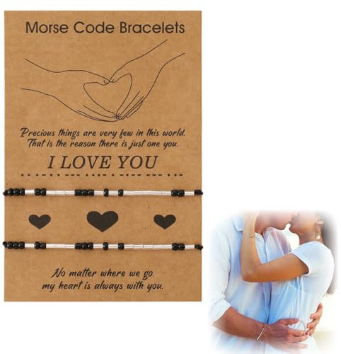 2 Pieces I Love You Morse Code Bracelet Couple Friendship Bracelet, Couple Bracelet Hand Woven Bracelet with Black Cord Gift, Beaded Bracelet Set Gift