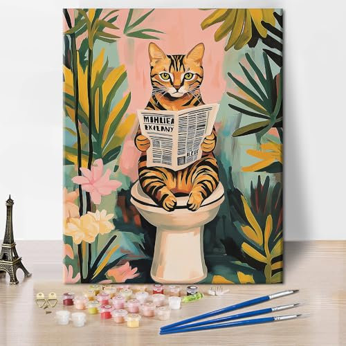 TISHIRON Peinture par numéros Chat adulte sur les toilettes Peinture par numéros pour adultes DIY Peinture par numéros Kit de peinture à l'huile peinte à la main, 40 x 50 cm