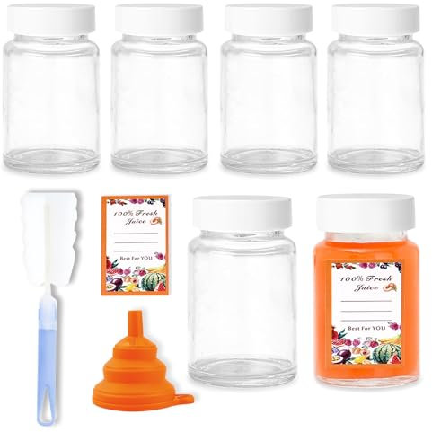 6Pack 4oz Glass Shot Bottles with Caps,Juicing Bottles Reusable,Ginger Shot Glasses Containers for Liquids,Sample,Wellness Shot,Turmeric,Juice,DIY,with Funnels,Stickers,Wide Mouth,Leakproof（White）