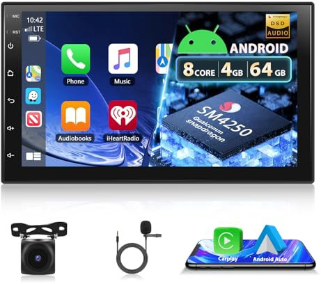 Motorsi [8Core 4+64G] 2 Din CarPlay Autoradio, 7“ Bluetooth Android Auto Stereo con Schermo, Supporto GPS Navigazione/WiFi/SWC/FM/DSP/MirrorLink/Touchscreen + Mic + Backup Telecamera