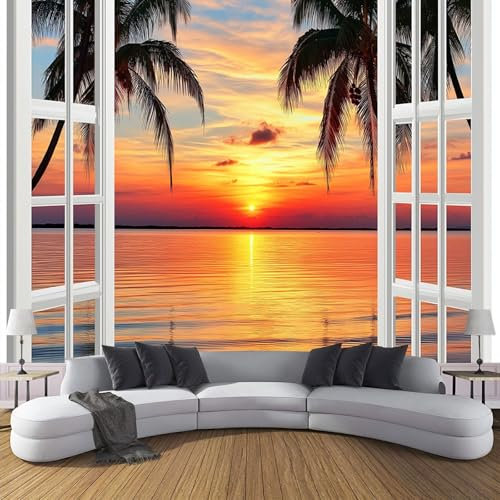 Fototapete Strand Sonnenuntergang Landschaft Bildtapete Weiße Fenster Seide Wandtapete 3d Effekt Wand Dekoration für Wohnzimmer Schlafzimmer Flur 400x280cm
