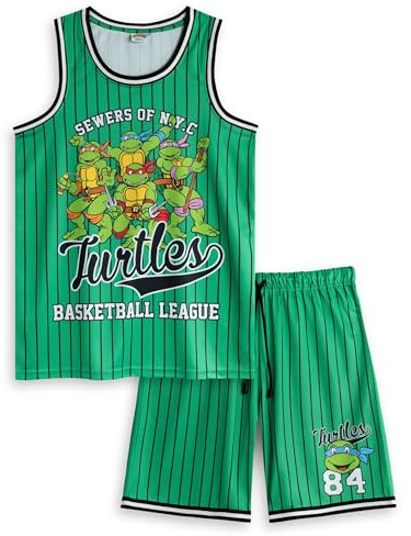 Teenage Mutant Ninja Turtles Herren-Basketball-Set, Grün | 2-teiliges Turtles-Basketballliga-Outfit | Sportbekleidung | Leonardo, Donatello, Michelangelo und Raffael | Ninja Turtles Merch