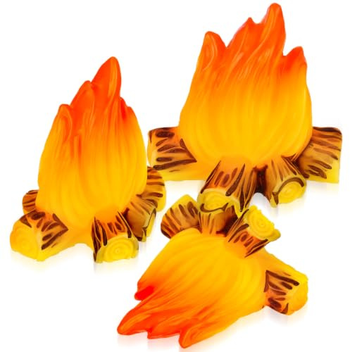 Miniatur Lagerfeuer mit Led, 3 Stück aus Kunstharz für Puppenhaus | Realistisches Brennholz Dekor, Orange Farbton, Glatte Oberfläche, für Partydekoration und Weihnachtsmotive