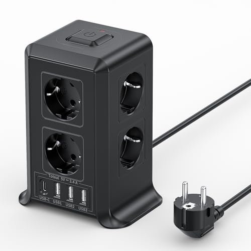 5M Torre Regletas Enchufes, Regleta Enchufes Proteccion Sobretension con Interruptor, con 8 Tomas de AC y 4 USB Regleta Vertical, Enchufe Multiple es Adecuado para Escritorios, Salones y Dormitorios