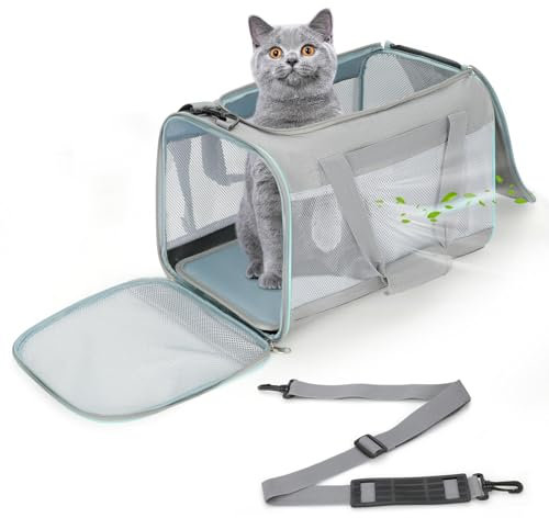 Cozary Trasportino Portatile per Gatto Cani Piccoli Pieghevole Leggero con Cuscino Tracolla Regolabile e Borsa Laterale Trasportino Rigido per Auto (45x30x30cm, Grigio)
