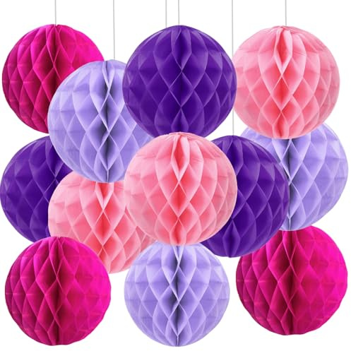 We Moment Zone 12 Stück Rosa Lila Papier Wabenbälle,Seidenpapier Honeycomb Balls for Rosa Violett Party Dekoration(6inch，10inch)