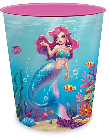 itenga Papierkorb für Kinder mit Motiv - rund ca. 11 Liter - Mülleimer fürs Kinderzimmer - stabiler Kunststoff (Meerjungfrau - AQUA DREAMS)