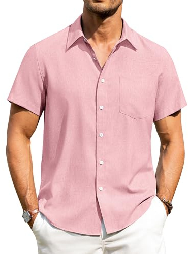 Alimens & Gentle Mens Linen Shirts Short Sleeve Regular Fit Casual Summer Holiday Button Down Shirt with Pocket S-4XL